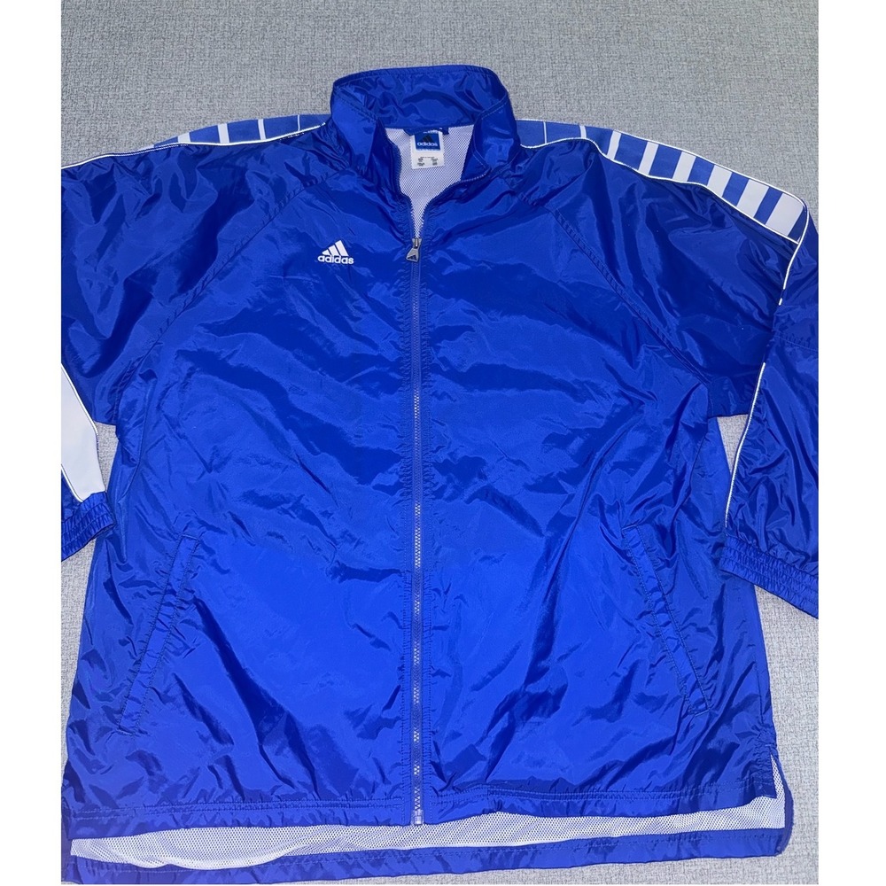 Adidas 2XL XXL Windbreaker Jacket Blue Striped Mesh Lined Full Zip Sport